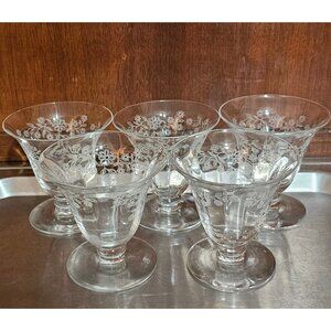 5 Bryce Floral Swag Cocktail Glasses 3.2" Oyster dessert etched #355 flaw 1950s